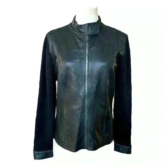 CLASSIQUES ENTIER Black Lamb Skin Leather Merino Wool Blend Jacket Size Medium